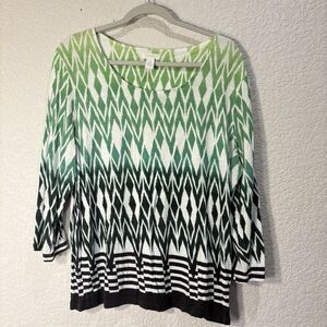 Chico’s  3/4 Sleeve Top Tunic  Knit Green White Black Geometric Print Sz 3 (XL)